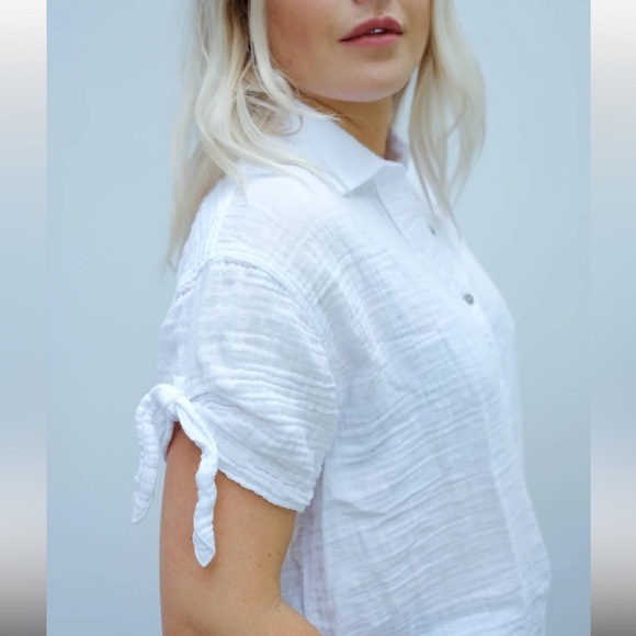 Michel Stars Tess Tie Shirt White Sz XS Double Gauze Button Front Oversized Boxy - Picture 3 of 14